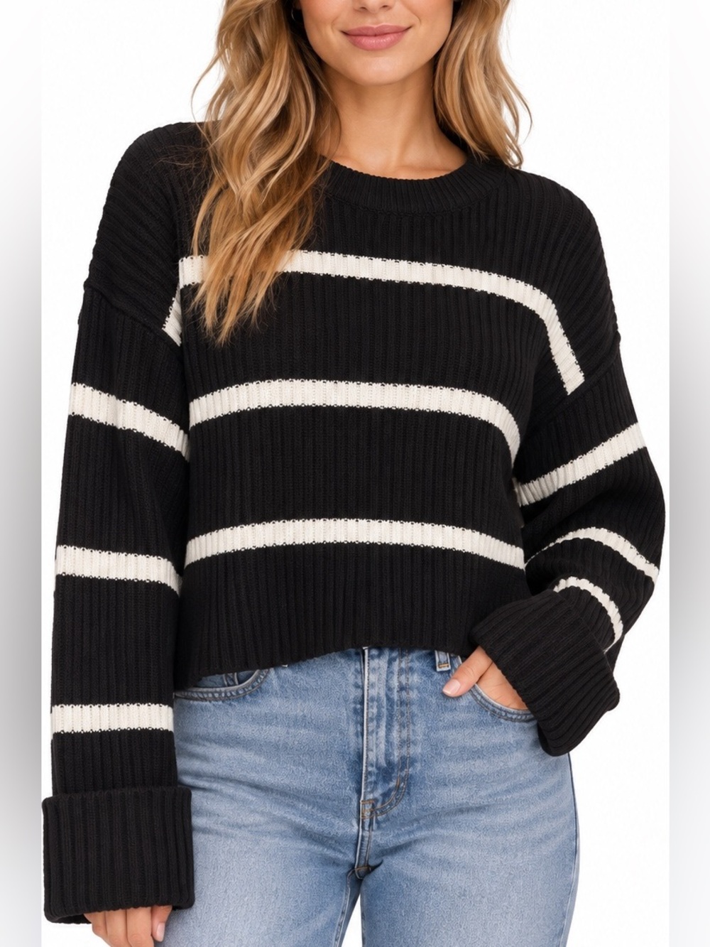 Evereve Black & White Cotton Blend Ribbed Crew Sweater M